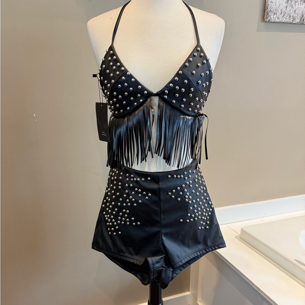SHEIN Black Faux Leather Studded Fringe Bra Top and Shorts Set